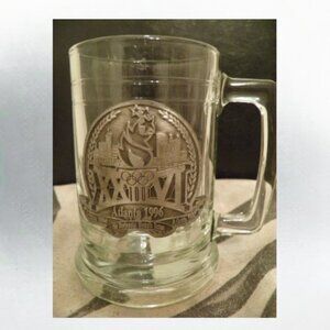 Clear glass 1996 Centennial Olympic mug with pewter front Atlanta Georgia